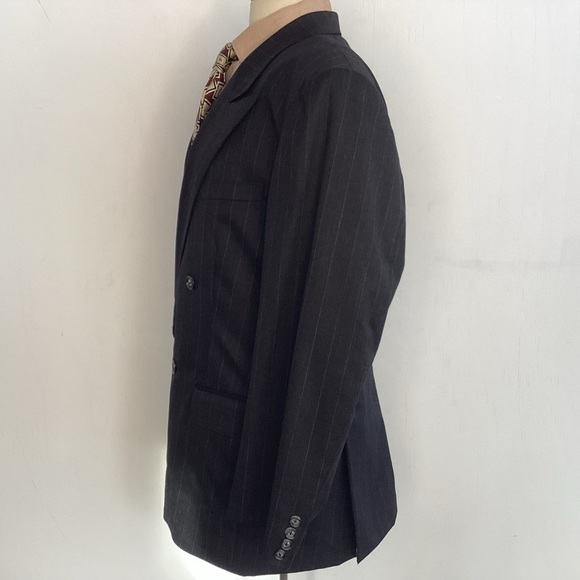 Double Breasted Peak Collar Charcoal/ Blue Bespoke Pinstripe Suit Coat 42 Reg - Picture 6 of 12
